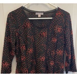 Dressbarn Red‎ Floral Black Velvet Burnout Top Goth Stretch Womens Petite Large